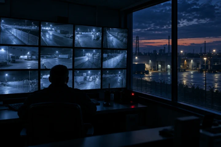 Security control room operator watching CCTV feeds of an industrial site at night