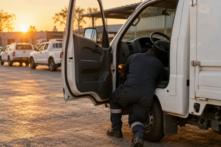 Technician fitting a vehicle tracking unit in a delivery truck in Midrand
