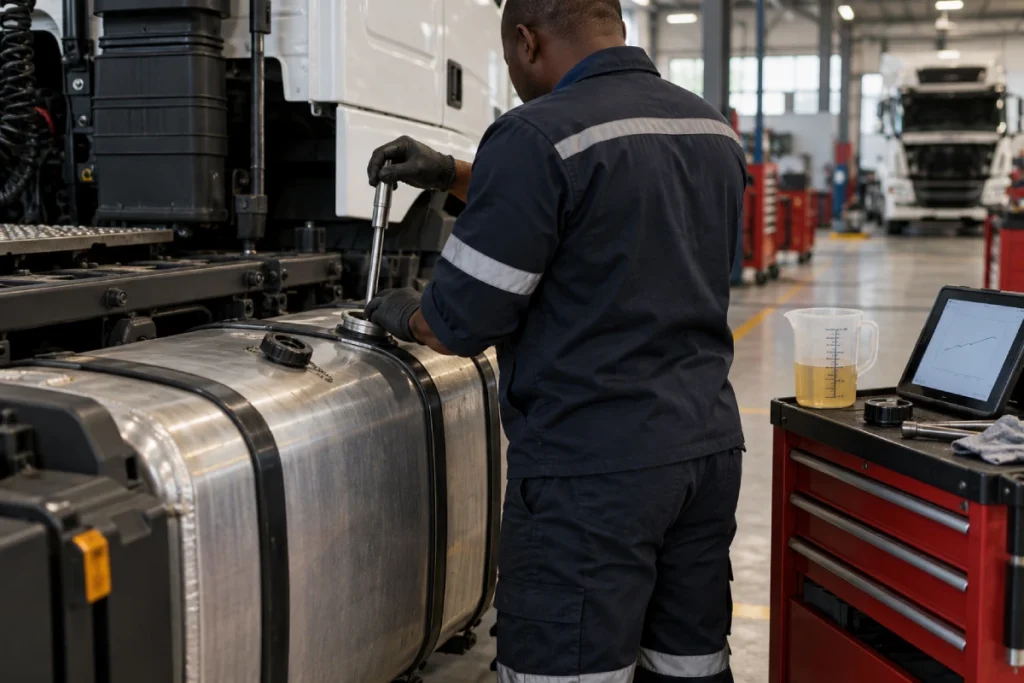 Fuel sensor accuracy Midrand: technician calibrating a truck fuel tank sensor in a workshop