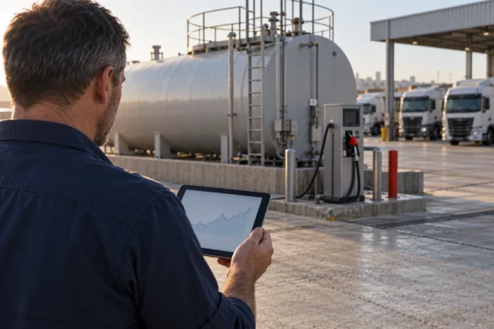 Fuel stock reconciliation Midrand: depot manager checking diesel tank levels on a tablet beside a bulk tank