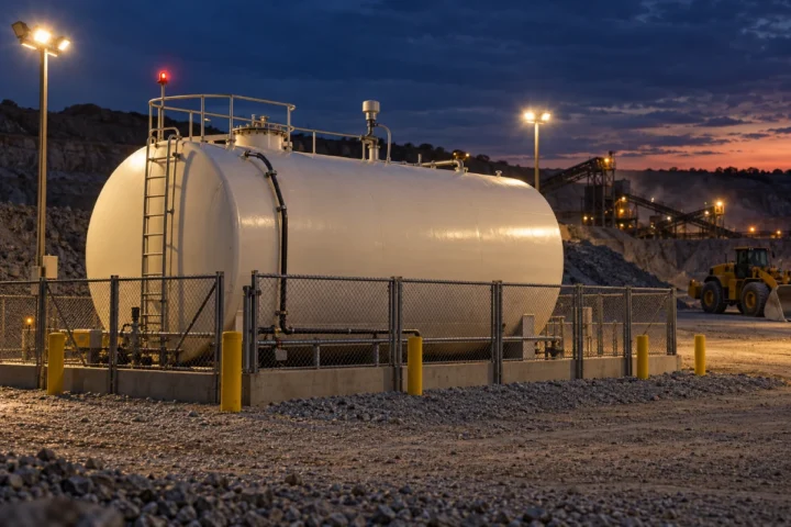 Fuel storage monitoring Midrand: bulk diesel tank with a level sensor on a quarry site at dusk