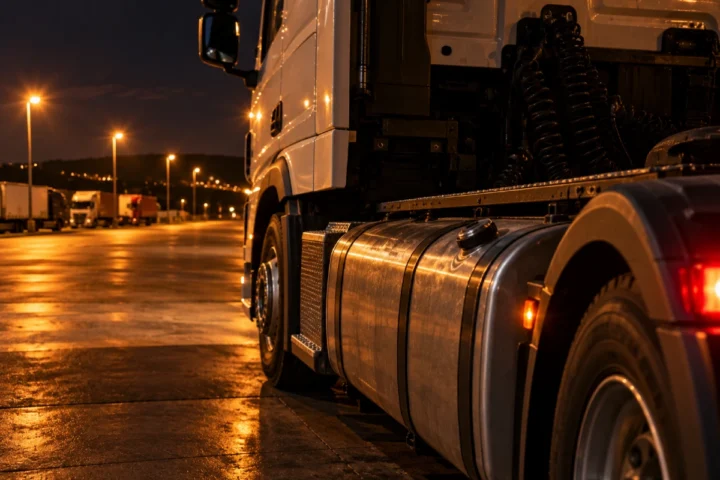 Fuel theft from trucks Midrand: heavy truck parked overnight at a truck stop with its fuel tank in view